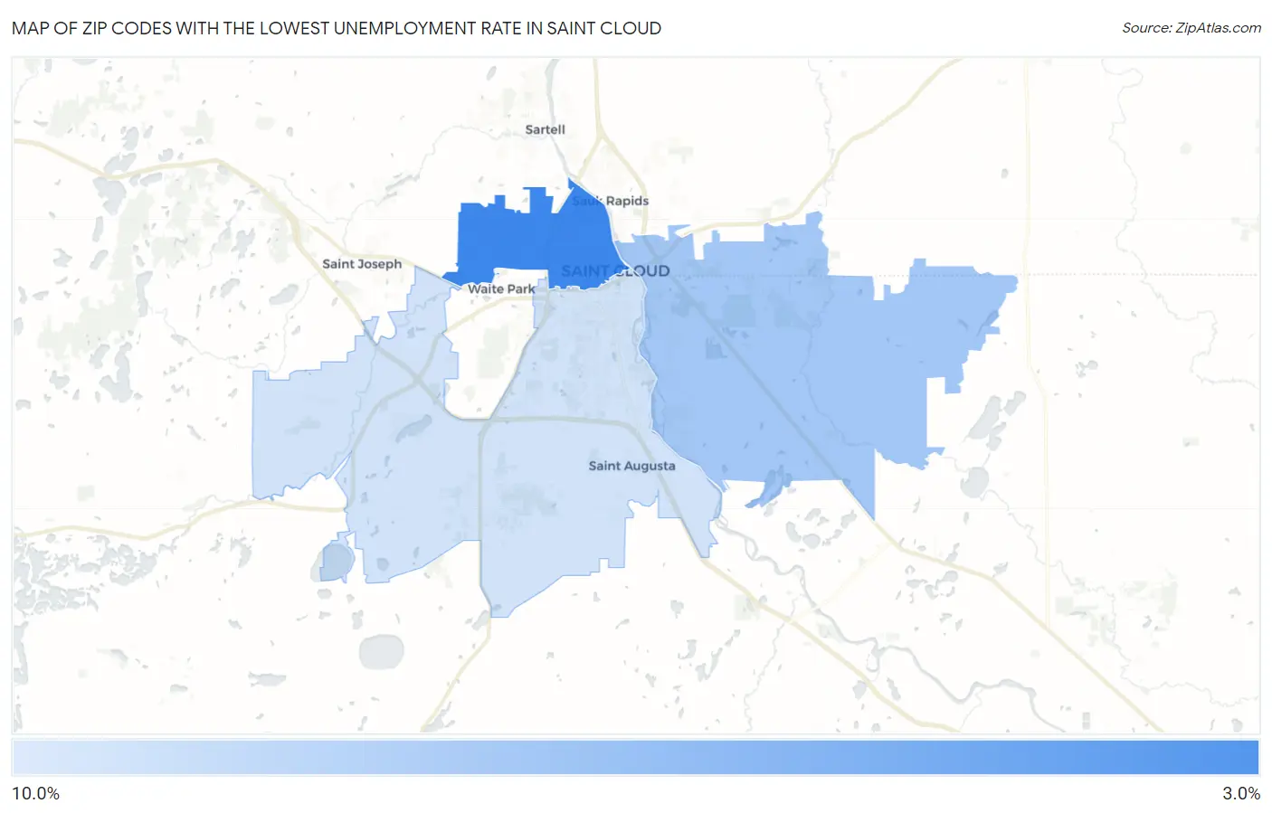 Zip Codes with the Lowest Unemployment Rate in Saint Cloud Map