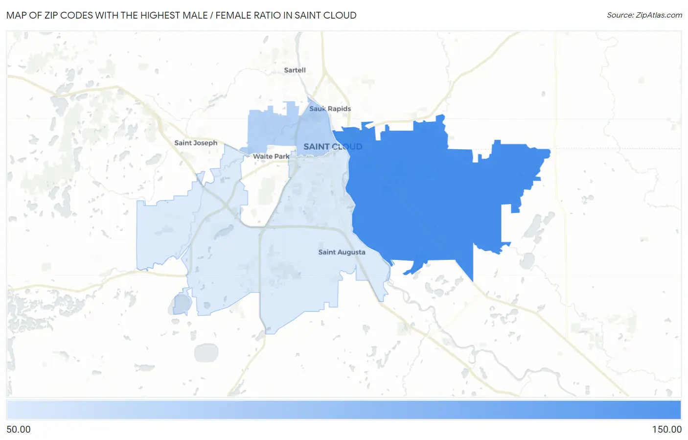 Zip Codes with the Highest Male / Female Ratio in Saint Cloud Map