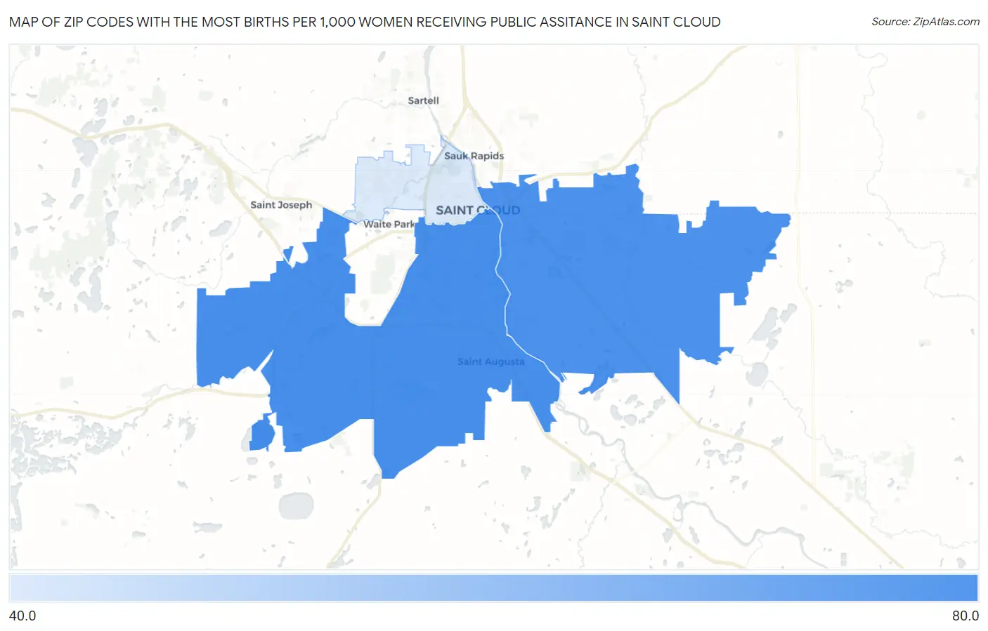 Zip Codes with the Most Births per 1,000 Women Receiving Public Assitance in Saint Cloud Map