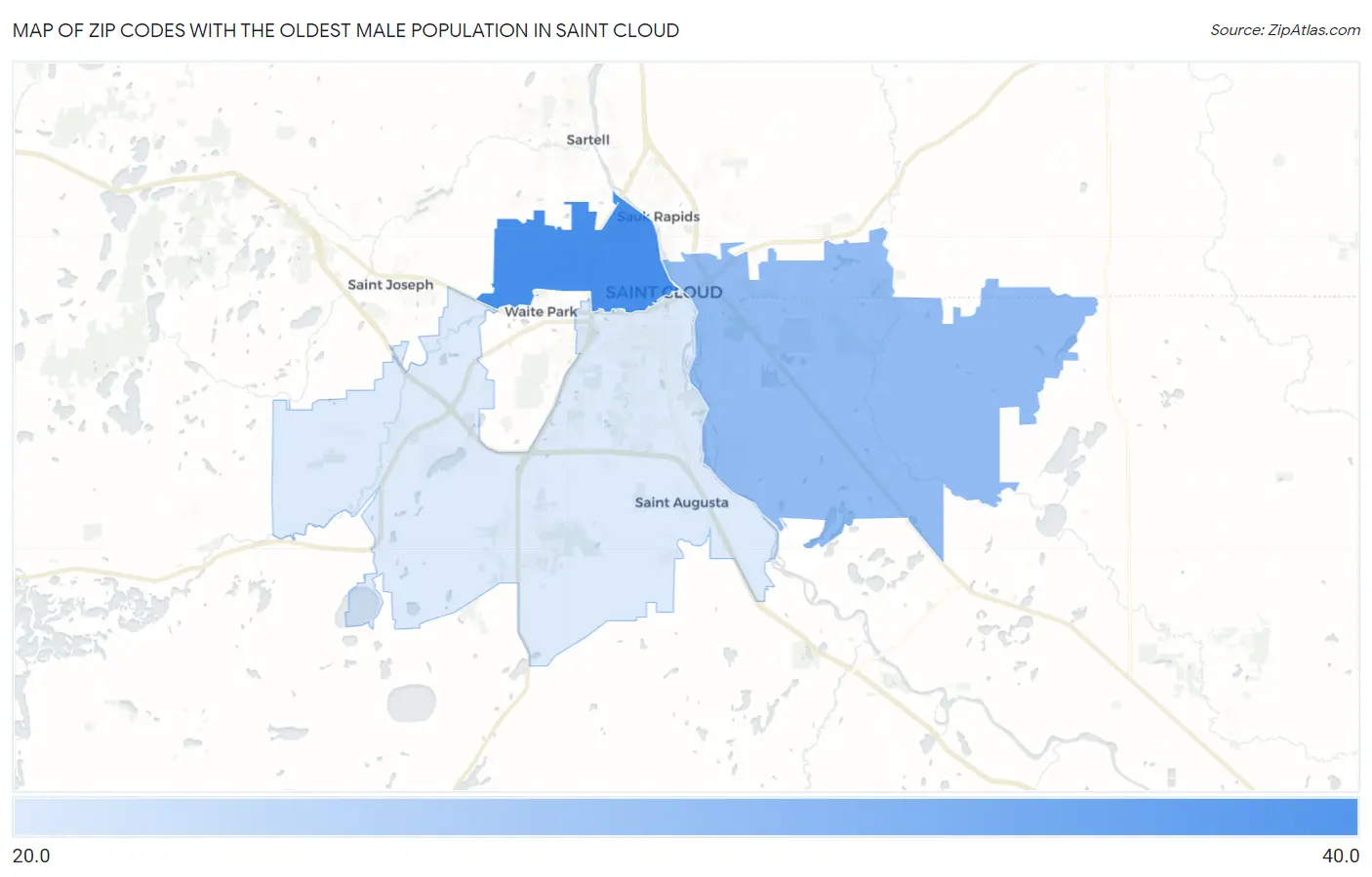 Zip Codes with the Oldest Male Population in Saint Cloud Map