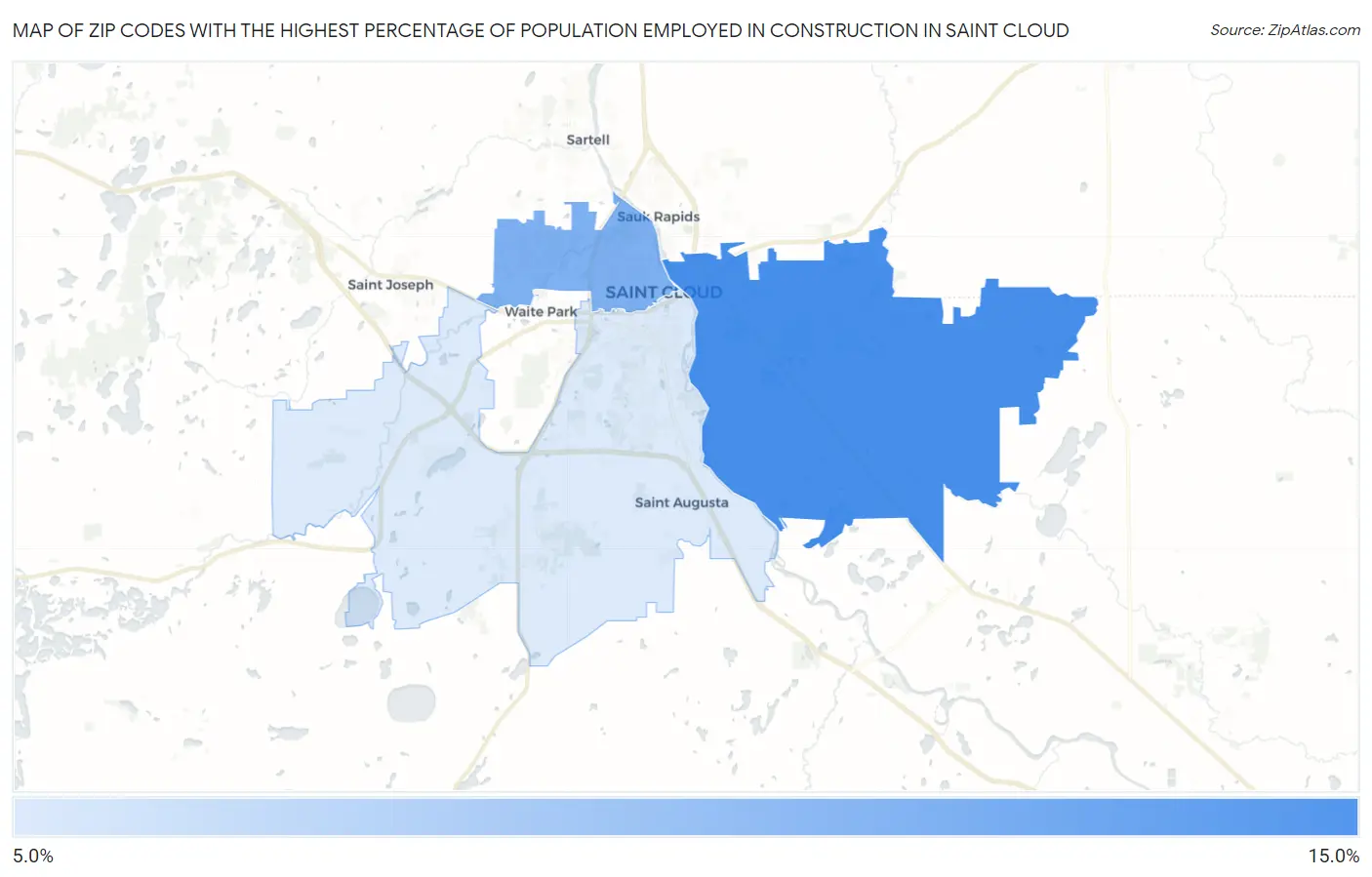 Zip Codes with the Highest Percentage of Population Employed in Construction in Saint Cloud Map
