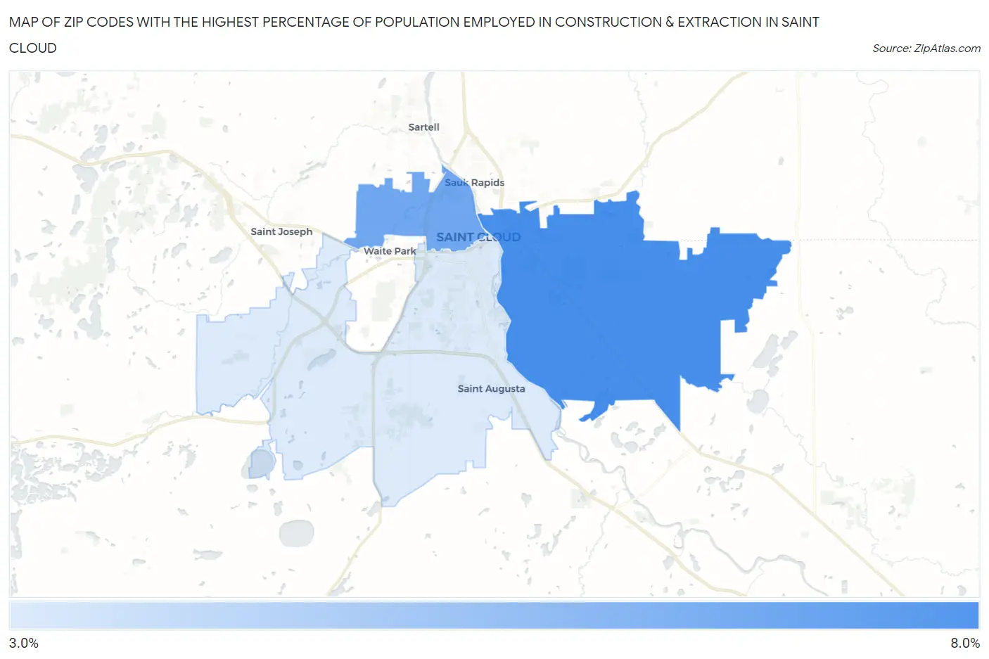Zip Codes with the Highest Percentage of Population Employed in Construction & Extraction in Saint Cloud Map