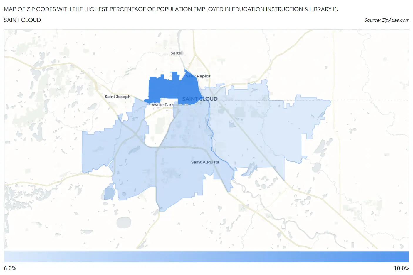 Zip Codes with the Highest Percentage of Population Employed in Education Instruction & Library in Saint Cloud Map