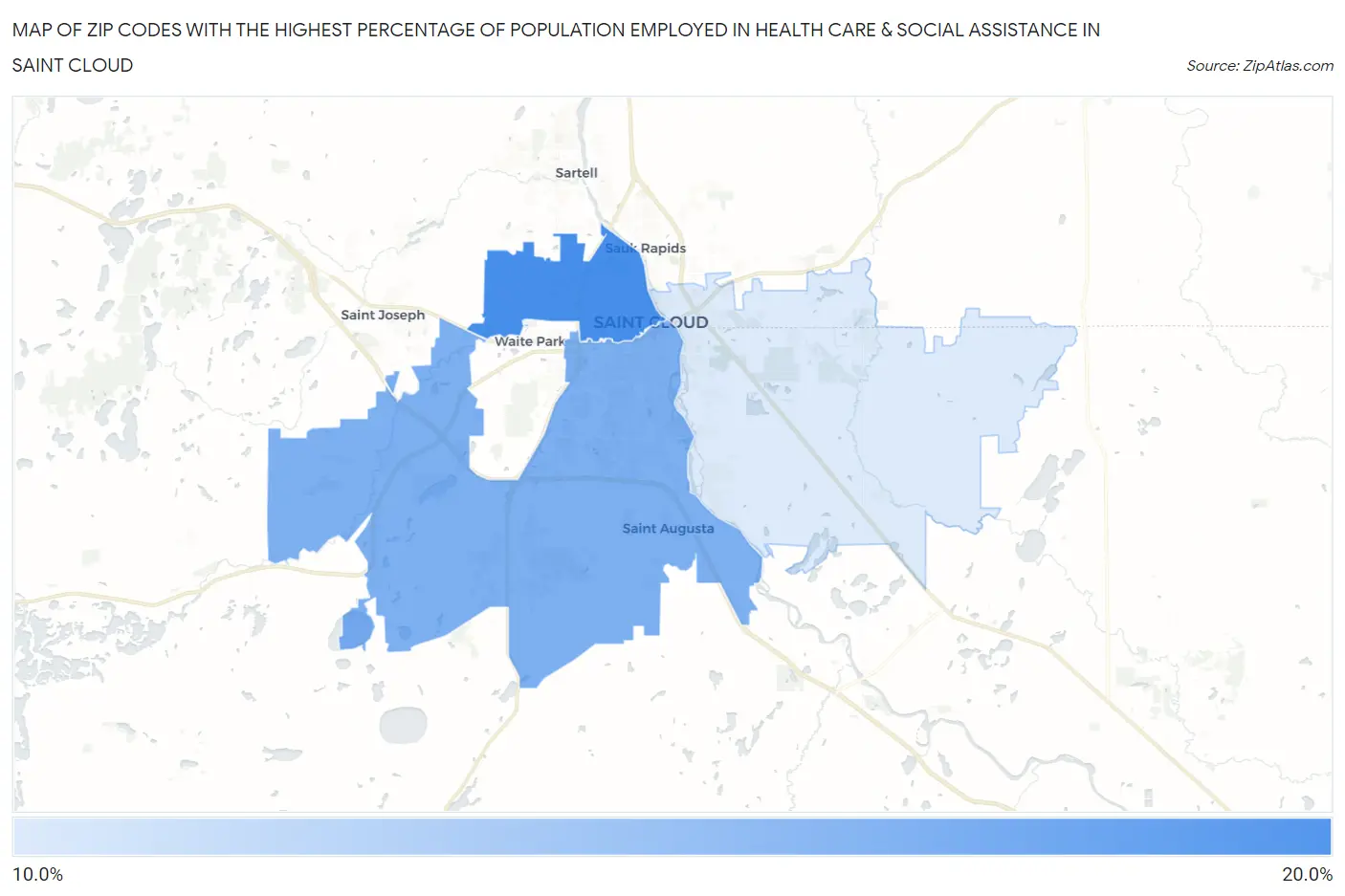 Zip Codes with the Highest Percentage of Population Employed in Health Care & Social Assistance in Saint Cloud Map