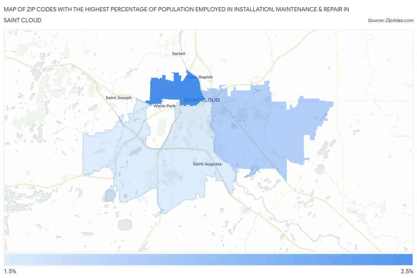 Zip Codes with the Highest Percentage of Population Employed in Installation, Maintenance & Repair in Saint Cloud Map