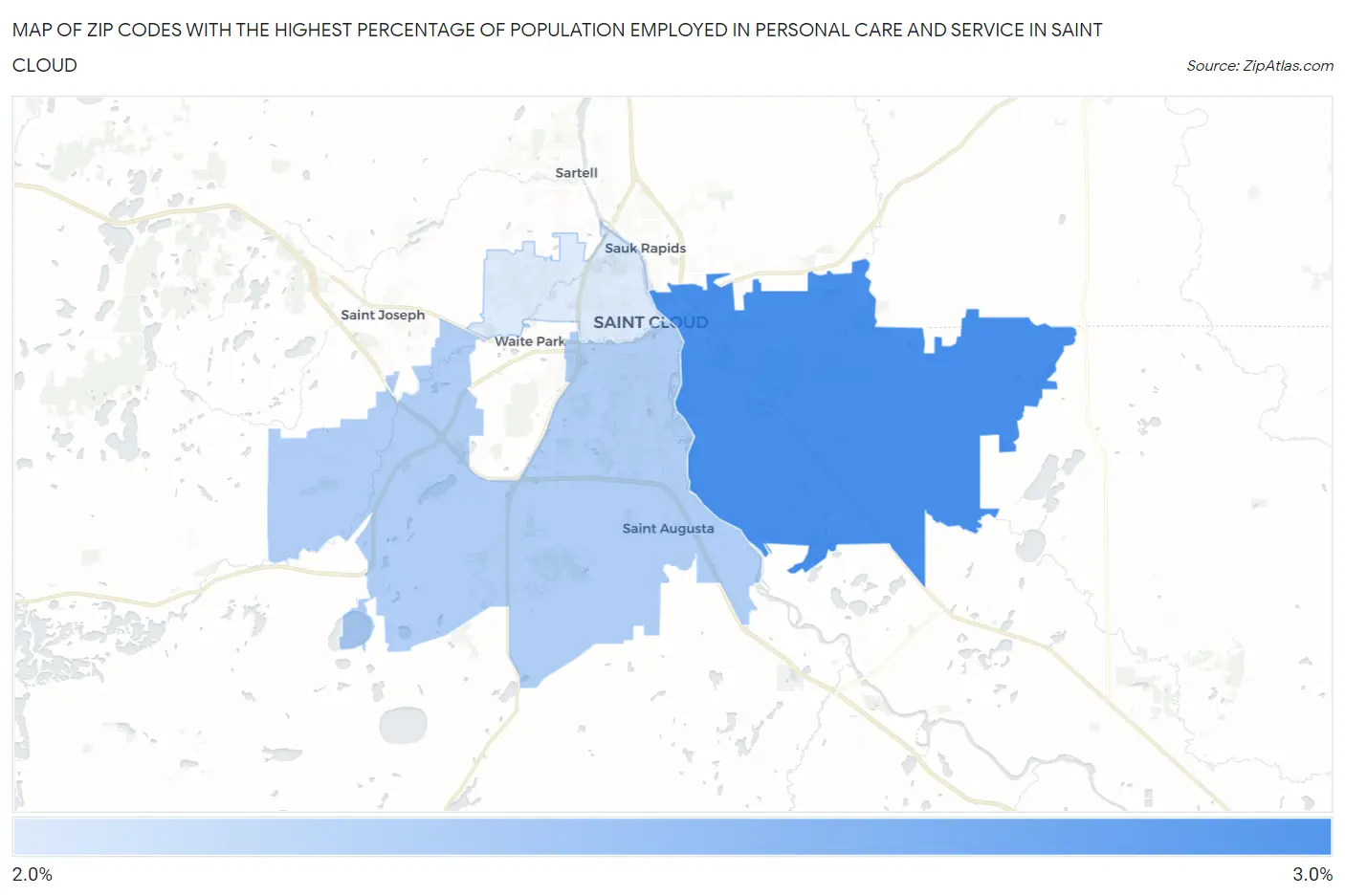 Zip Codes with the Highest Percentage of Population Employed in Personal Care and Service in Saint Cloud Map