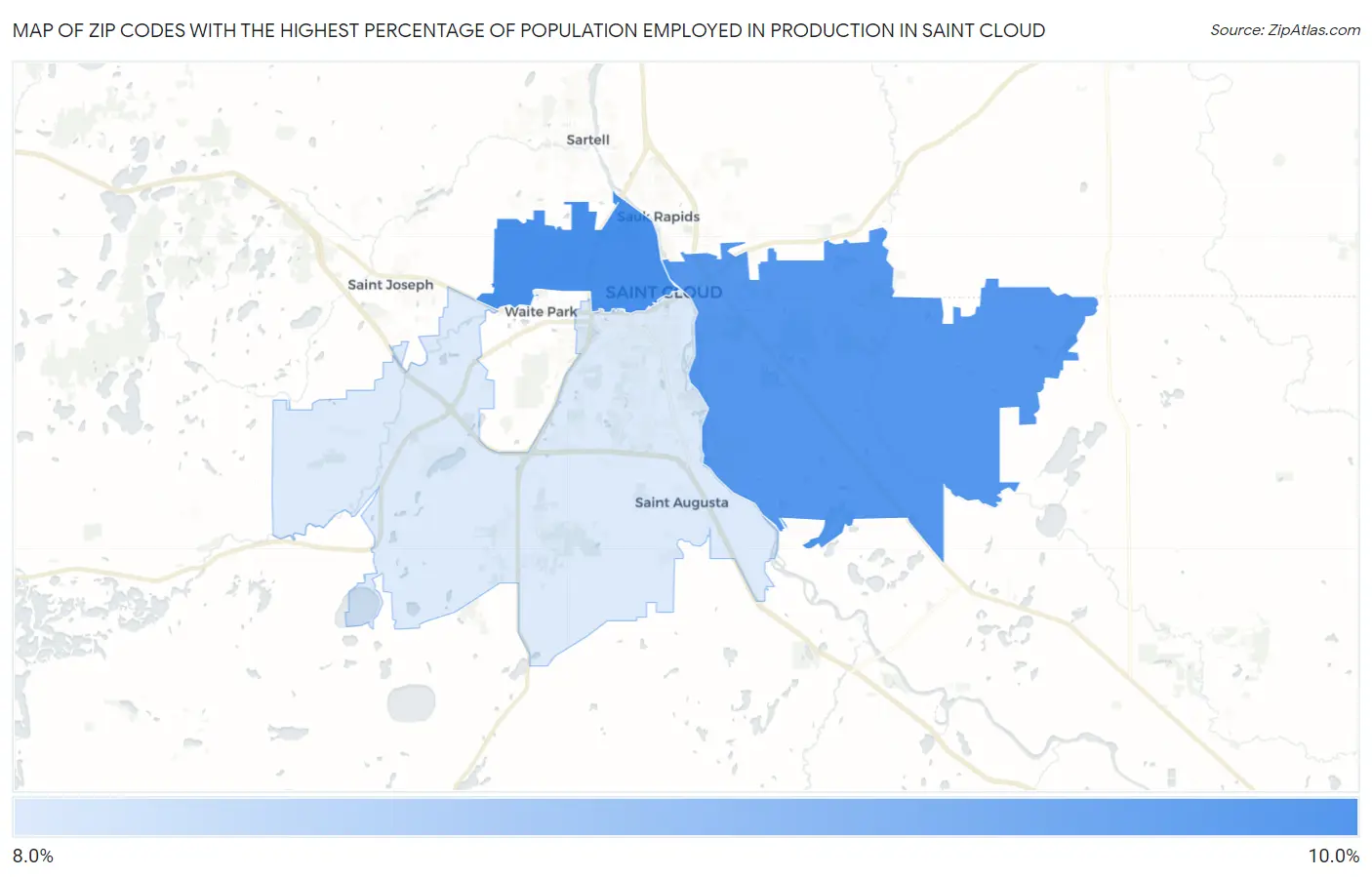 Zip Codes with the Highest Percentage of Population Employed in Production in Saint Cloud Map