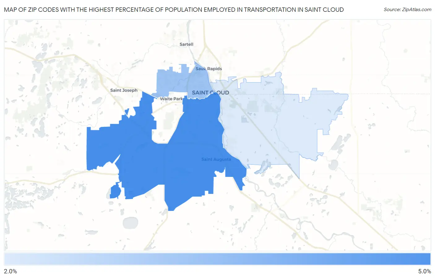 Zip Codes with the Highest Percentage of Population Employed in Transportation in Saint Cloud Map