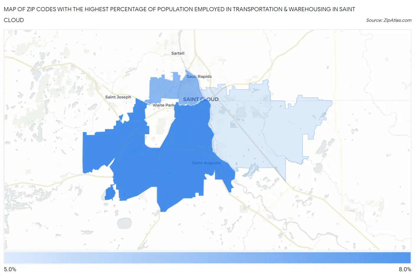 Zip Codes with the Highest Percentage of Population Employed in Transportation & Warehousing in Saint Cloud Map
