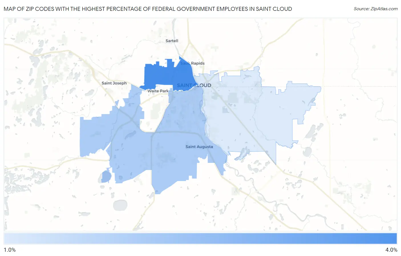 Zip Codes with the Highest Percentage of Federal Government Employees in Saint Cloud Map