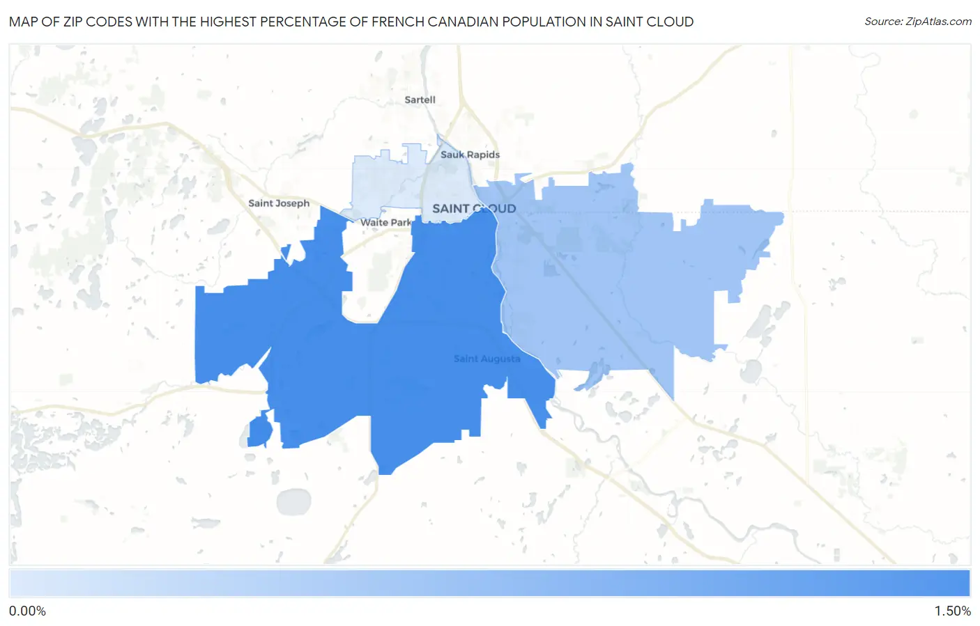 Zip Codes with the Highest Percentage of French Canadian Population in Saint Cloud Map