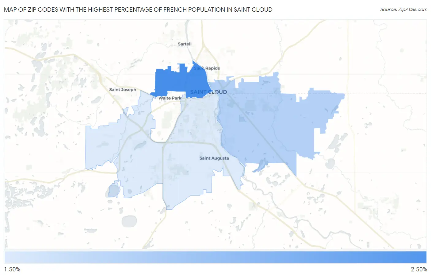Zip Codes with the Highest Percentage of French Population in Saint Cloud Map