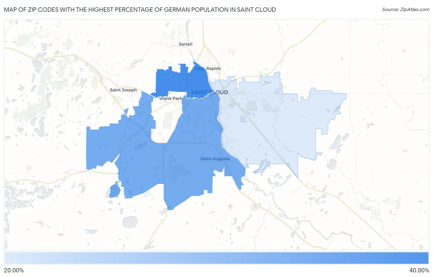 Zip Codes with the Highest Percentage of German Population in Saint Cloud Map