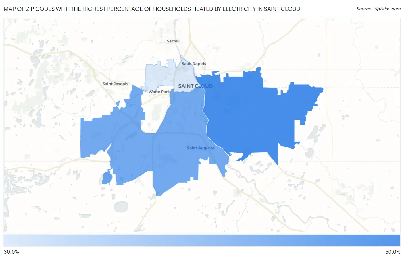 Zip Codes with the Highest Percentage of Households Heated by Electricity in Saint Cloud Map