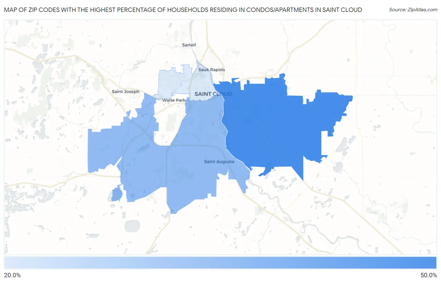 Zip Codes with the Highest Percentage of Households Residing in Condos/Apartments in Saint Cloud Map