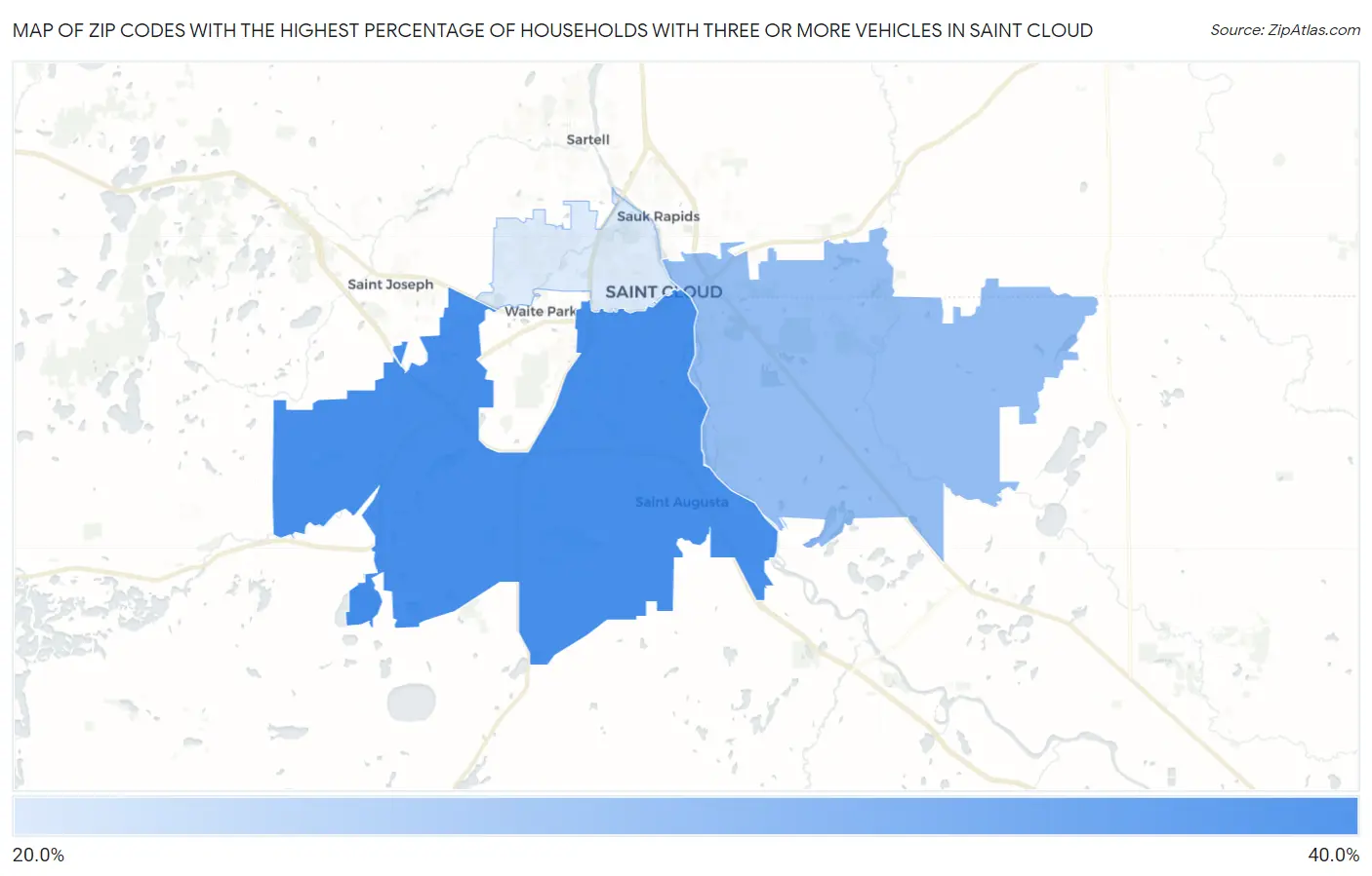 Zip Codes with the Highest Percentage of Households With Three or more Vehicles in Saint Cloud Map