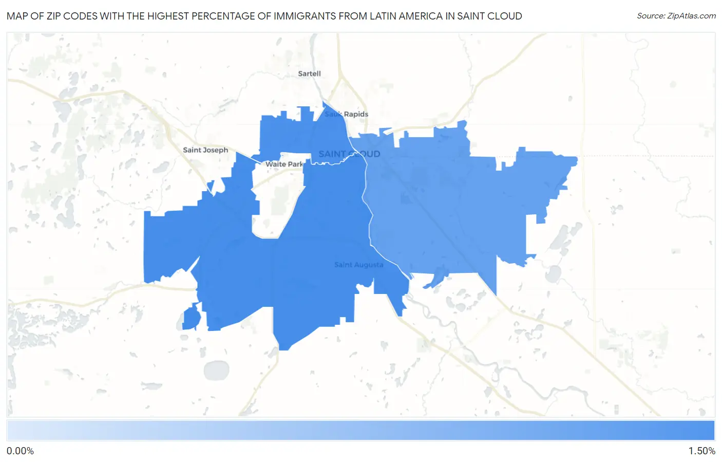 Zip Codes with the Highest Percentage of Immigrants from Latin America in Saint Cloud Map