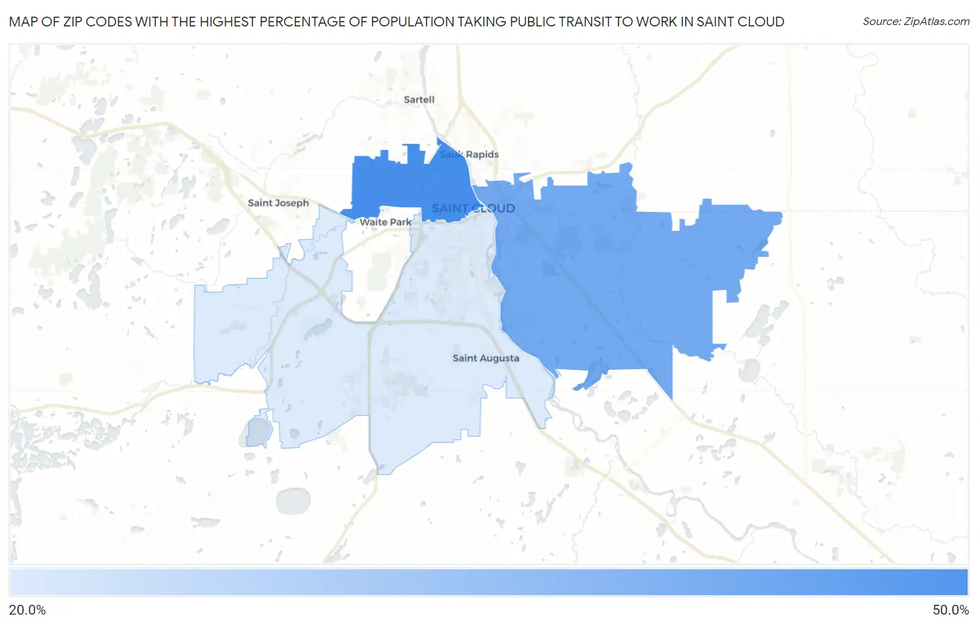 Zip Codes with the Highest Percentage of Population Taking Public Transit to Work in Saint Cloud Map