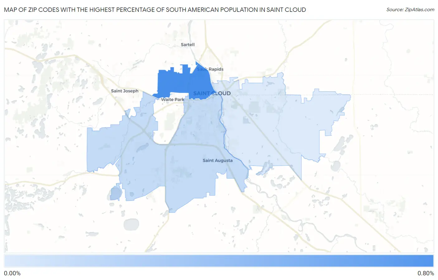 Zip Codes with the Highest Percentage of South American Population in Saint Cloud Map