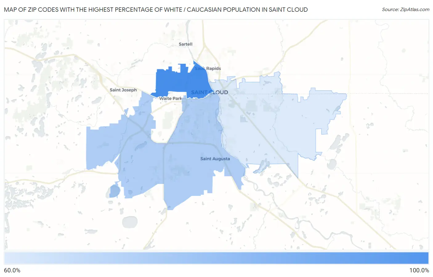 Zip Codes with the Highest Percentage of White / Caucasian Population in Saint Cloud Map