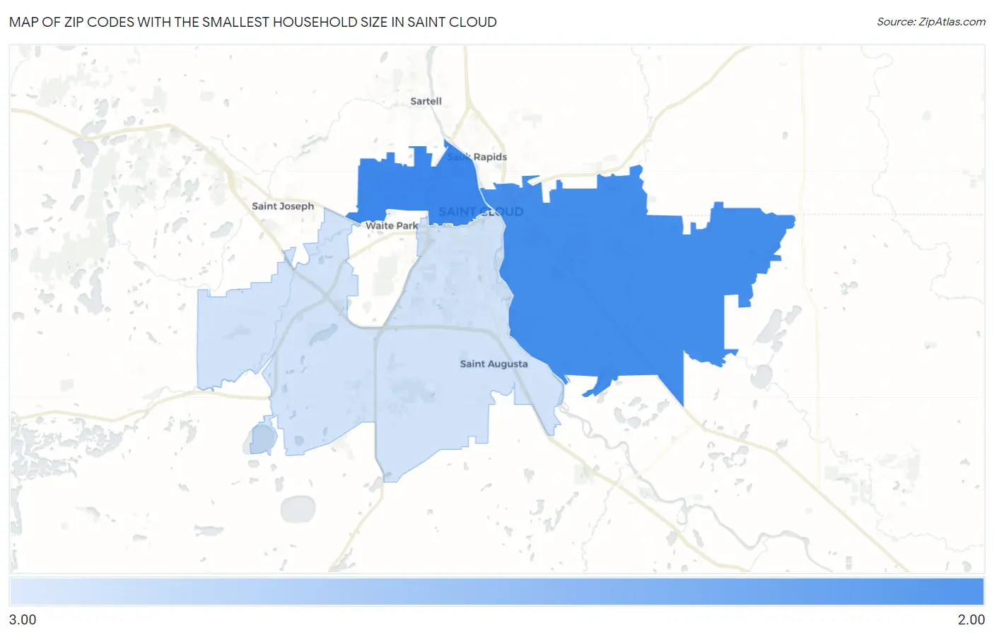 Zip Codes with the Smallest Household Size in Saint Cloud Map