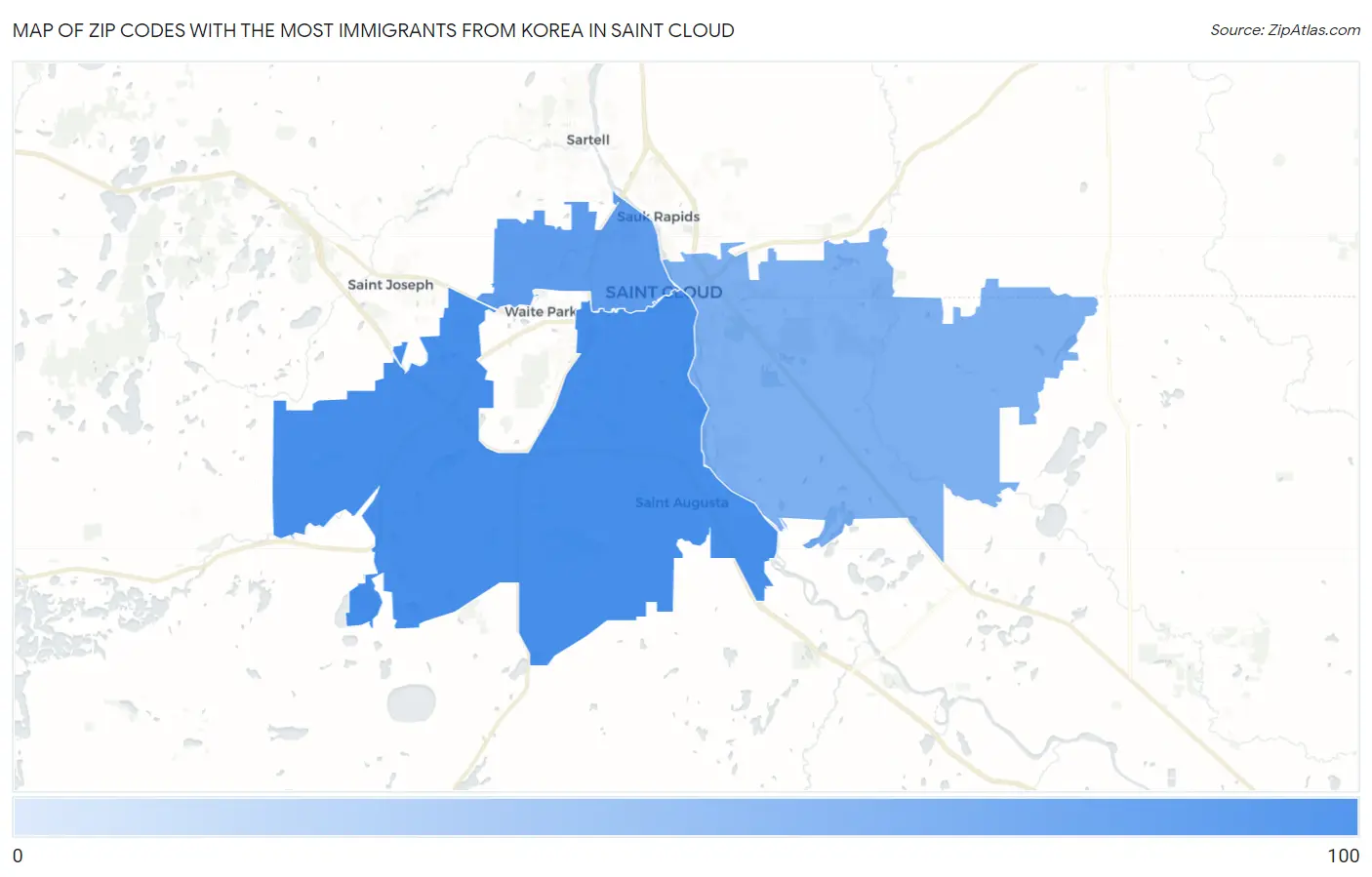 Zip Codes with the Most Immigrants from Korea in Saint Cloud Map