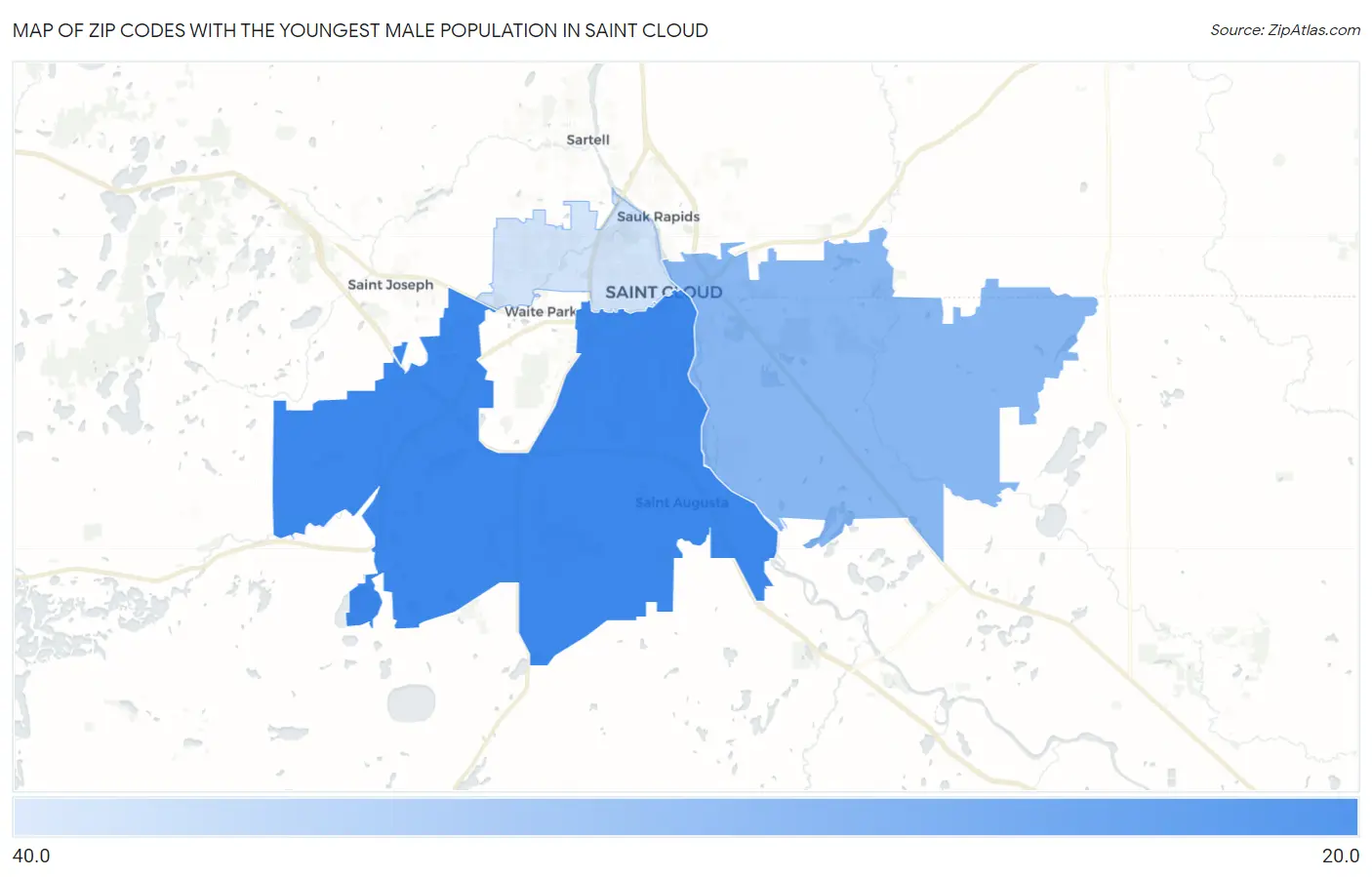 Zip Codes with the Youngest Male Population in Saint Cloud Map