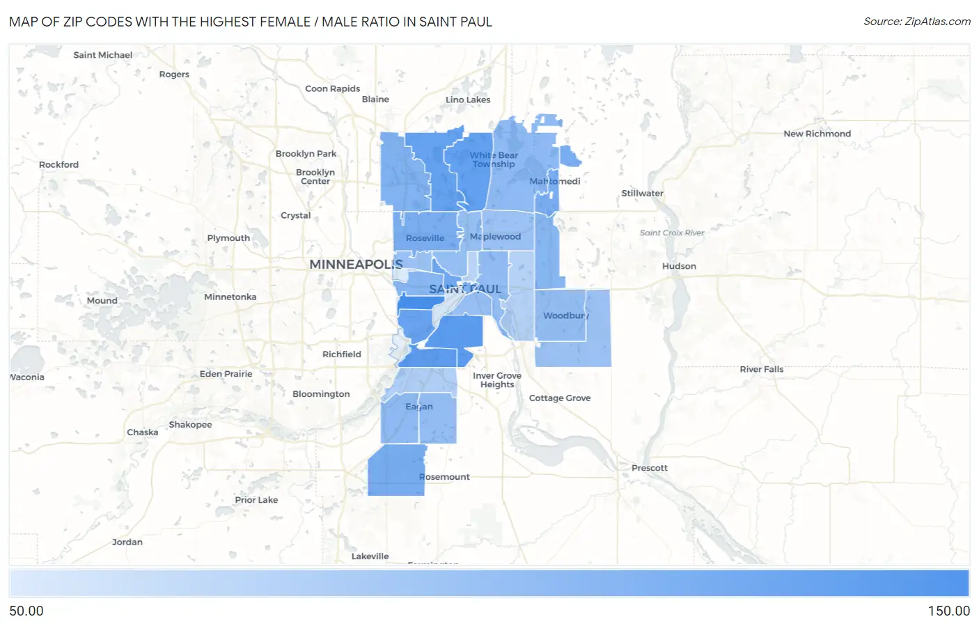 Zip Codes with the Highest Female / Male Ratio in Saint Paul Map