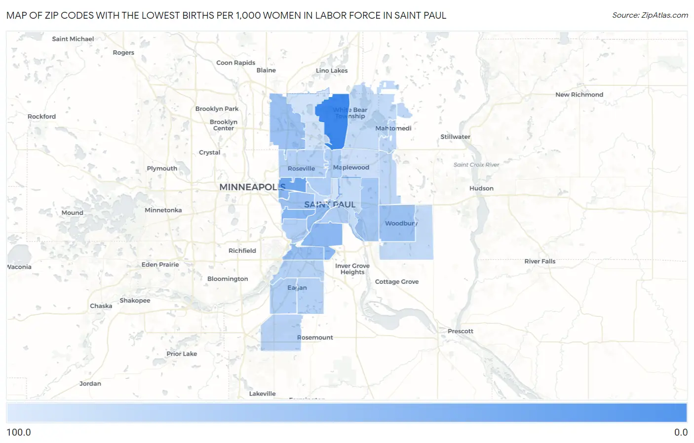 Zip Codes with the Lowest Births per 1,000 Women in Labor Force in Saint Paul Map