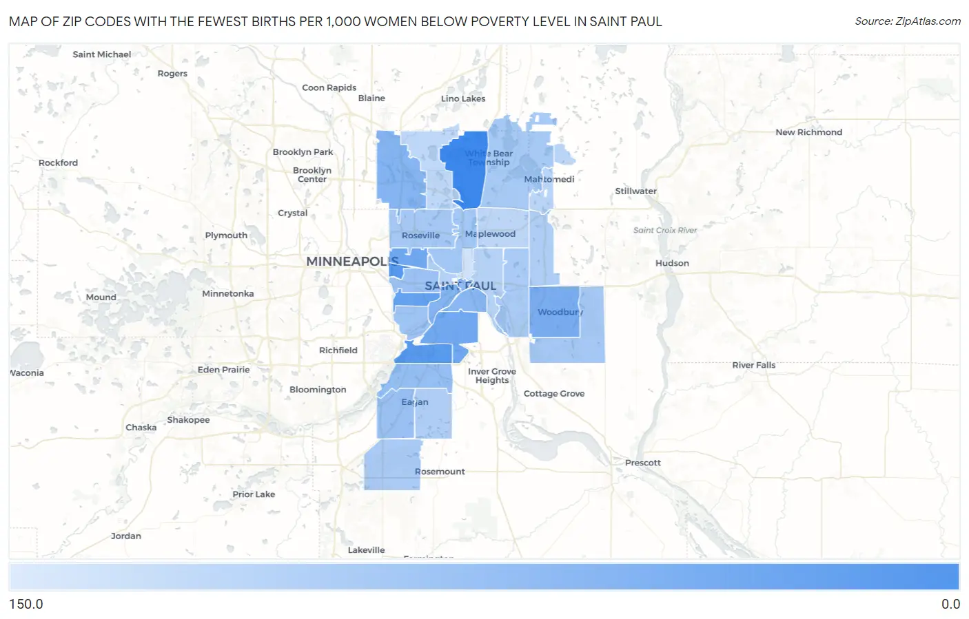 Zip Codes with the Fewest Births per 1,000 Women Below Poverty Level in Saint Paul Map