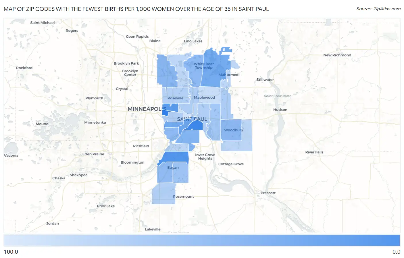Zip Codes with the Fewest Births per 1,000 Women Over the Age of 35 in Saint Paul Map