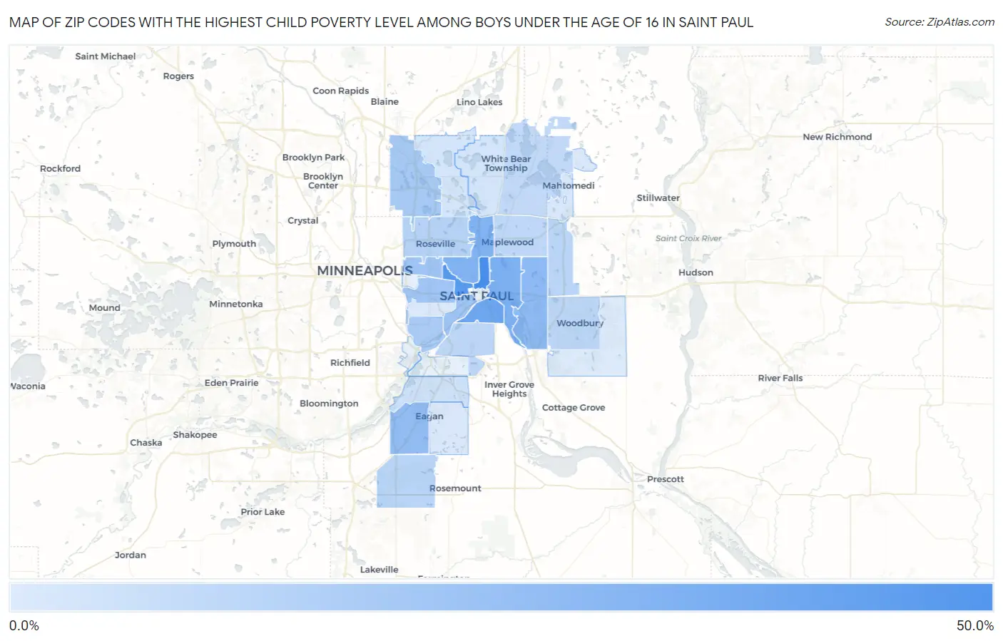 Zip Codes with the Highest Child Poverty Level Among Boys Under the Age of 16 in Saint Paul Map