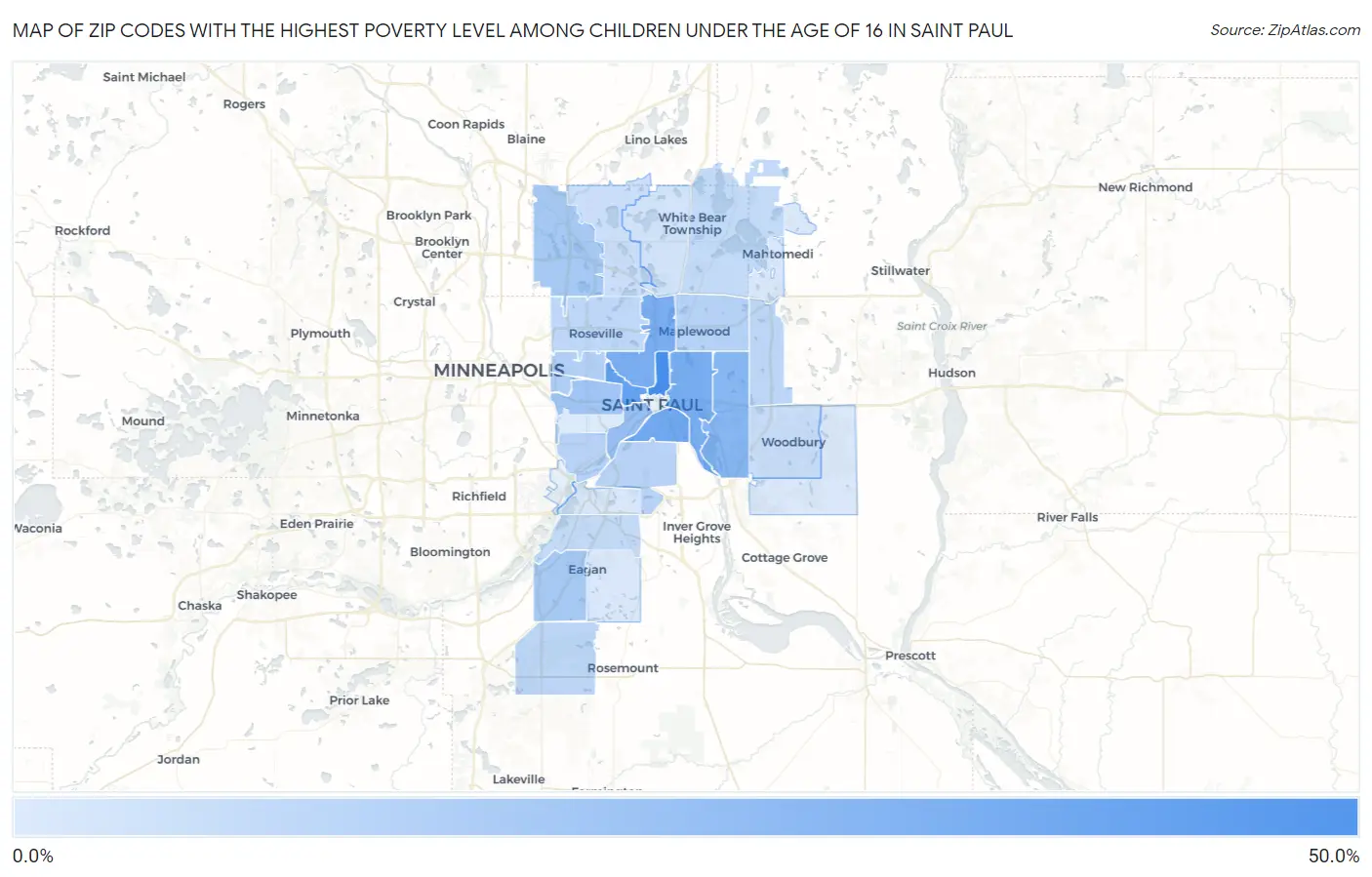 Zip Codes with the Highest Poverty Level Among Children Under the Age of 16 in Saint Paul Map