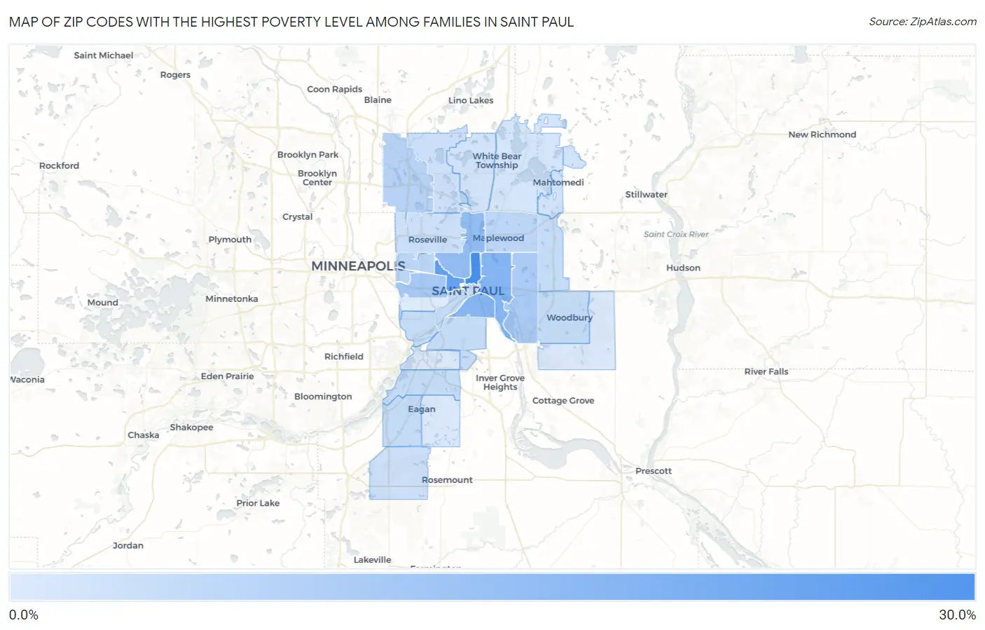 Zip Codes with the Highest Poverty Level Among Families in Saint Paul Map