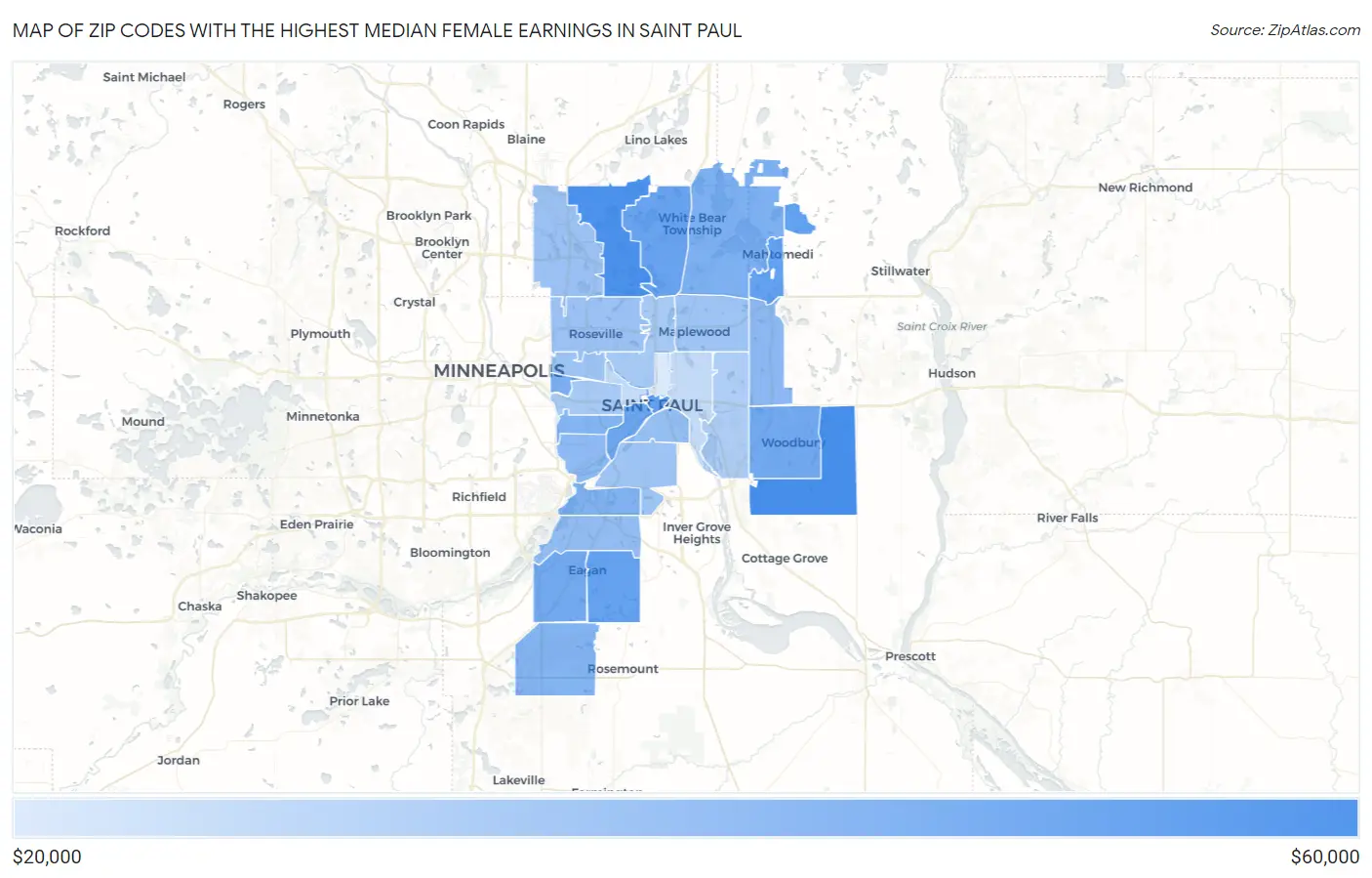 Zip Codes with the Highest Median Female Earnings in Saint Paul Map