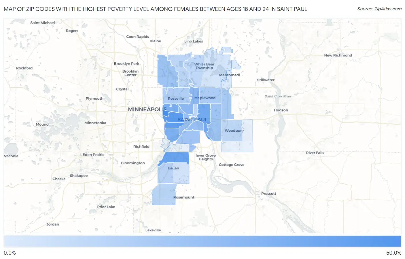 Zip Codes with the Highest Poverty Level Among Females Between Ages 18 and 24 in Saint Paul Map