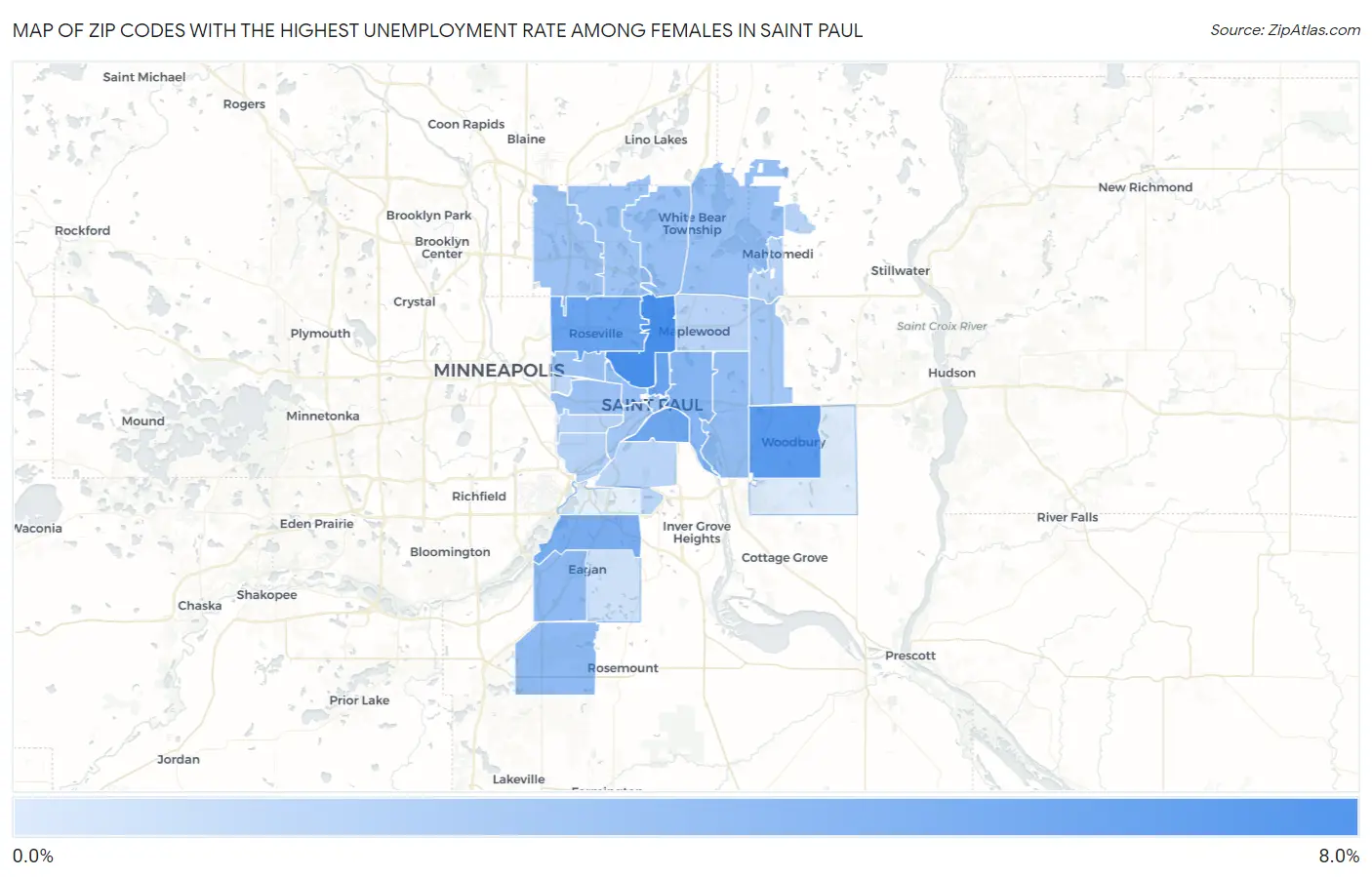 Zip Codes with the Highest Unemployment Rate Among Females in Saint Paul Map