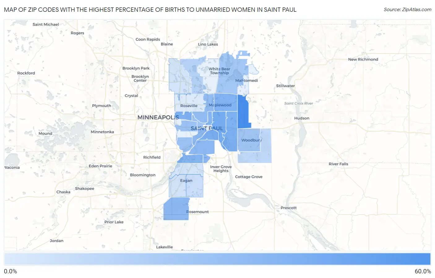 Zip Codes with the Highest Percentage of Births to Unmarried Women in Saint Paul Map
