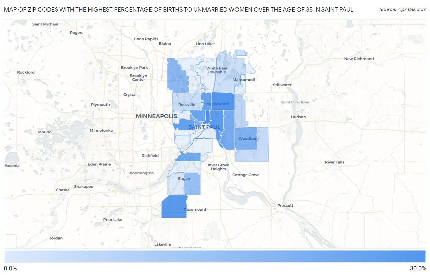 Zip Codes with the Highest Percentage of Births to Unmarried Women over the Age of 35 in Saint Paul Map