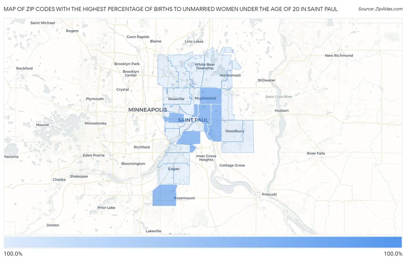 Zip Codes with the Highest Percentage of Births to Unmarried Women under the Age of 20 in Saint Paul Map