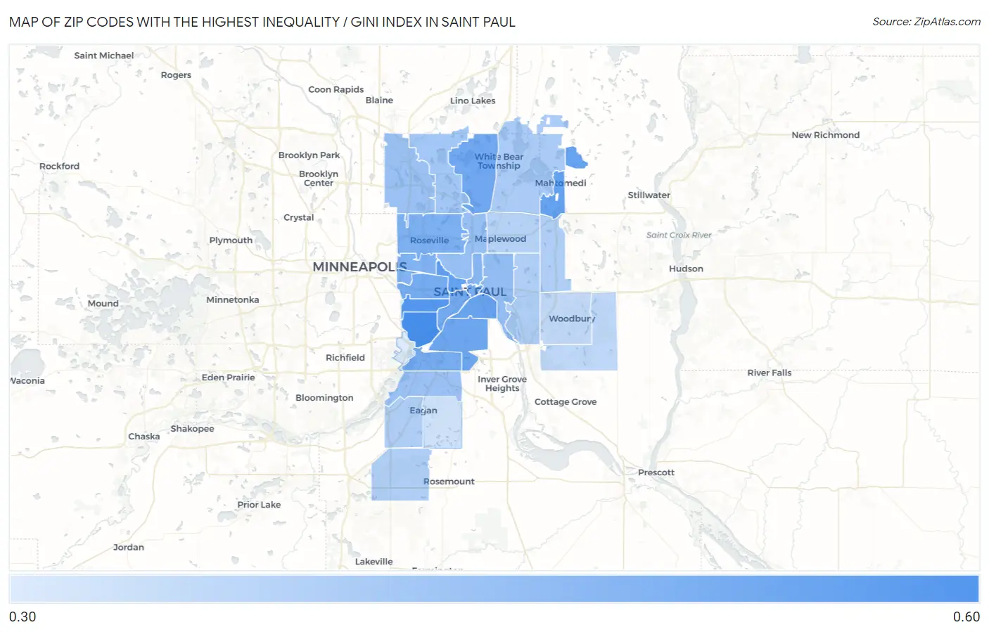 Zip Codes with the Highest Inequality / Gini Index in Saint Paul Map