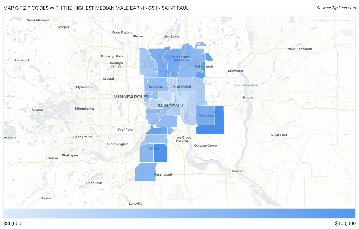 Zip Codes with the Highest Median Male Earnings in Saint Paul Map