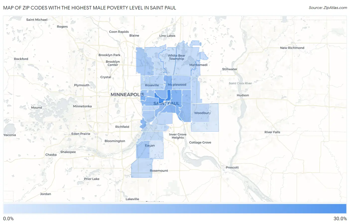 Zip Codes with the Highest Male Poverty Level in Saint Paul Map