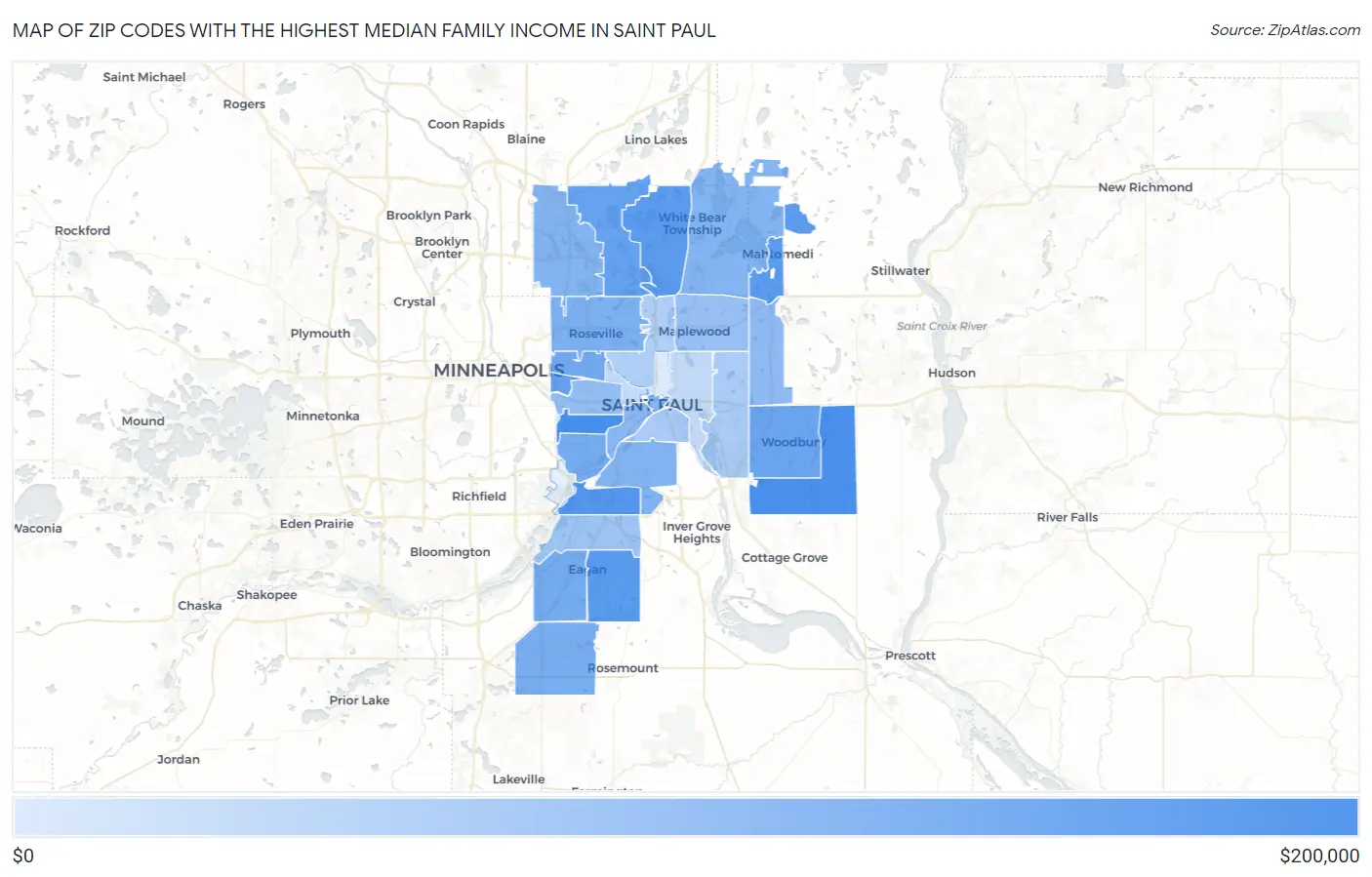 Zip Codes with the Highest Median Family Income in Saint Paul Map
