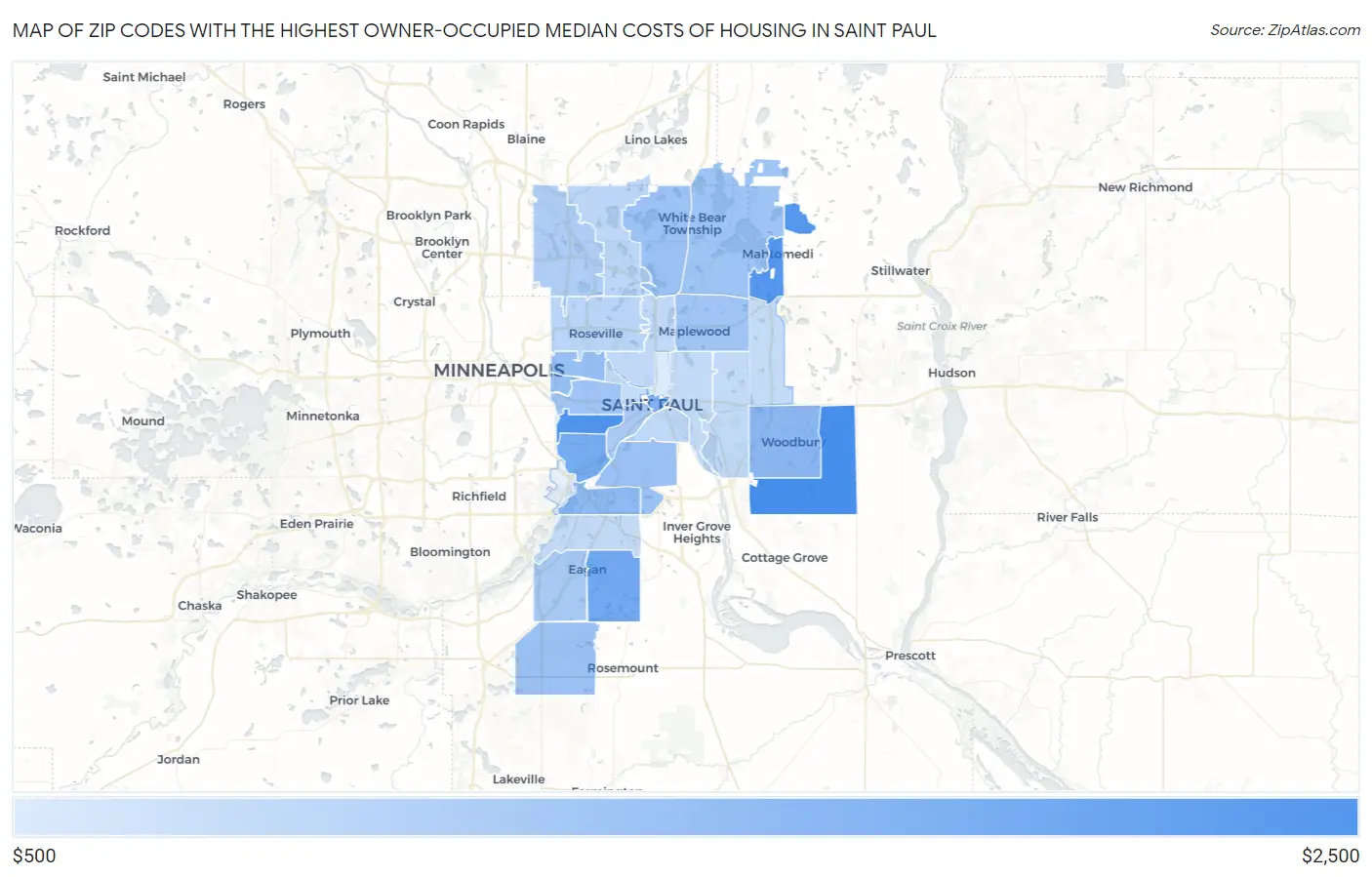 Zip Codes with the Highest Owner-Occupied Median Costs of Housing in Saint Paul Map