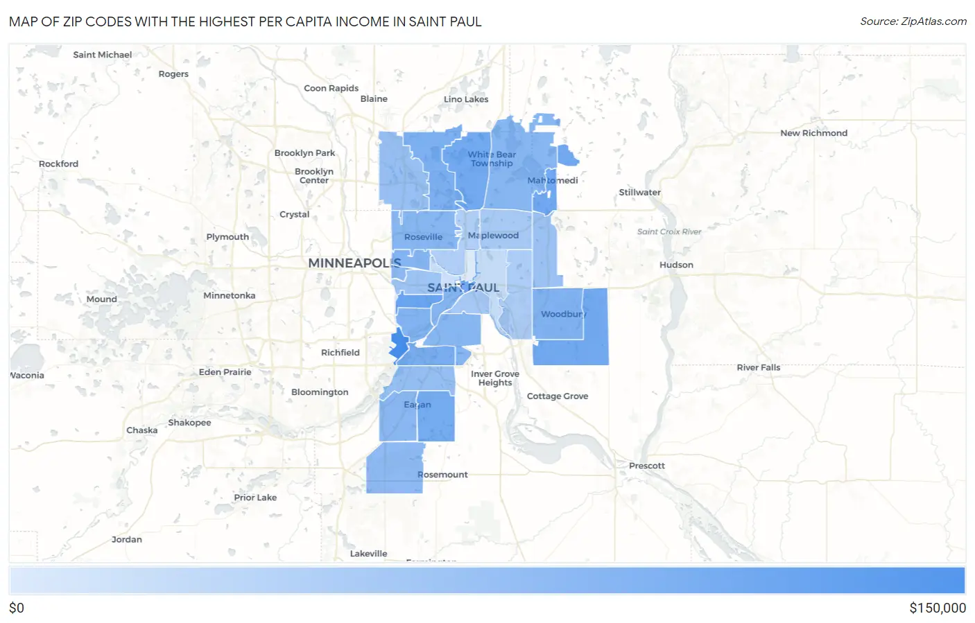 Zip Codes with the Highest Per Capita Income in Saint Paul Map