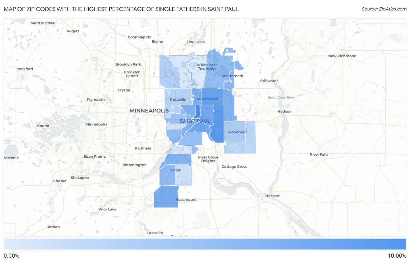Zip Codes with the Highest Percentage of Single Fathers in Saint Paul Map
