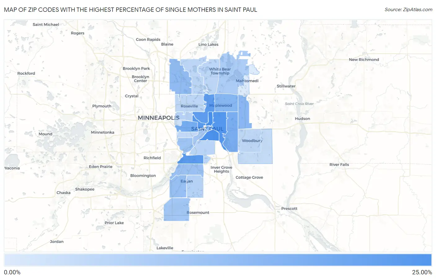 Zip Codes with the Highest Percentage of Single Mothers in Saint Paul Map