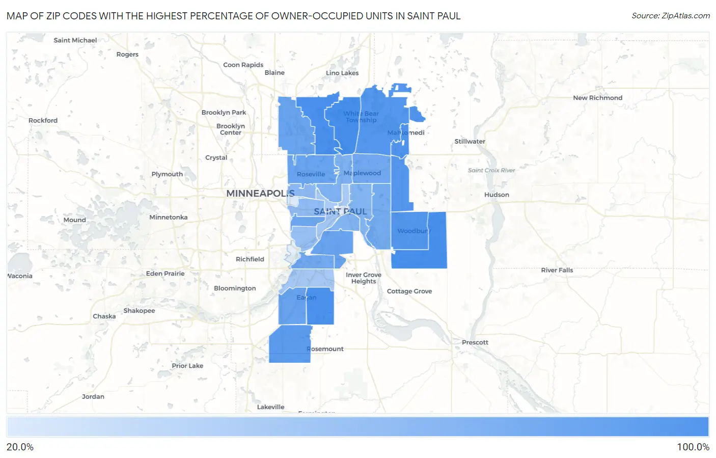 Zip Codes with the Highest Percentage of Owner-Occupied Units in Saint Paul Map