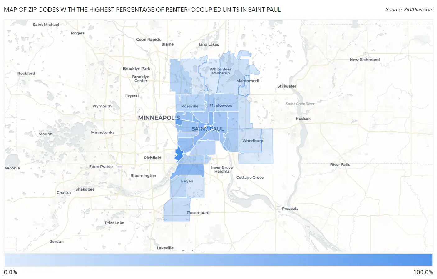 Zip Codes with the Highest Percentage of Renter-Occupied Units in Saint Paul Map